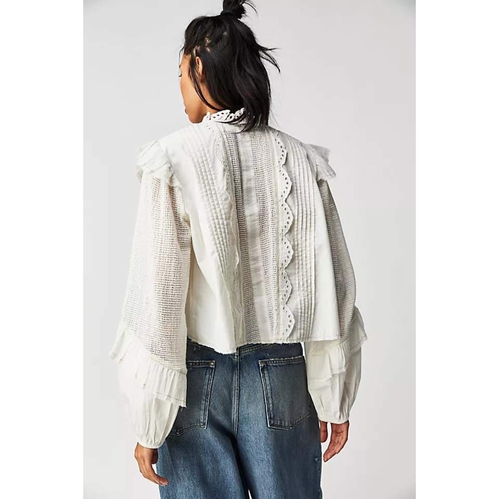 We The Free Free People White Eyelet Lace Ruffle Button Down Medium - Picture 2 of 11